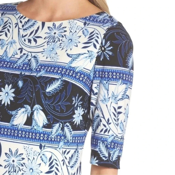 Eliza J Blue Floral Stripe Country Patchwork Shift Dress 3/4 Sleeves Size 2 XS - Picture 1 of 6